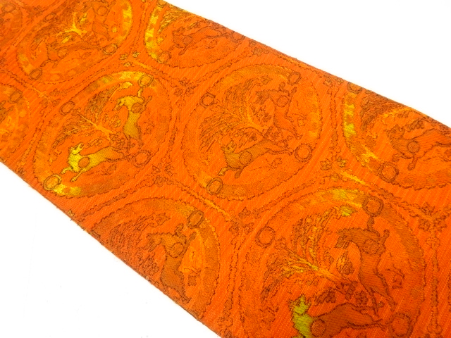 手織り紬　亀甲に向かい動物・草花模様　名古屋帯